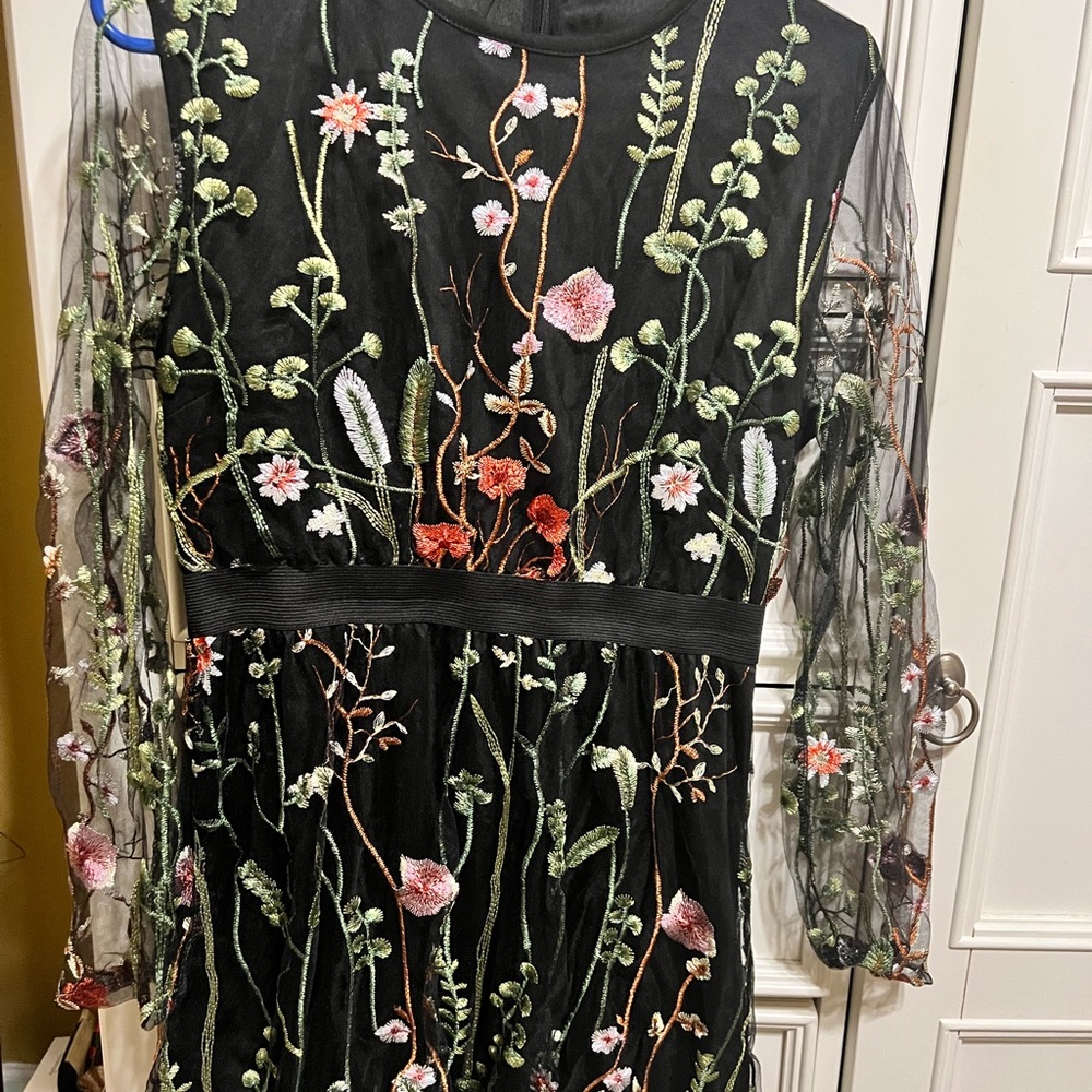 floral boho embroidered a-line dress with sheer sleeves
